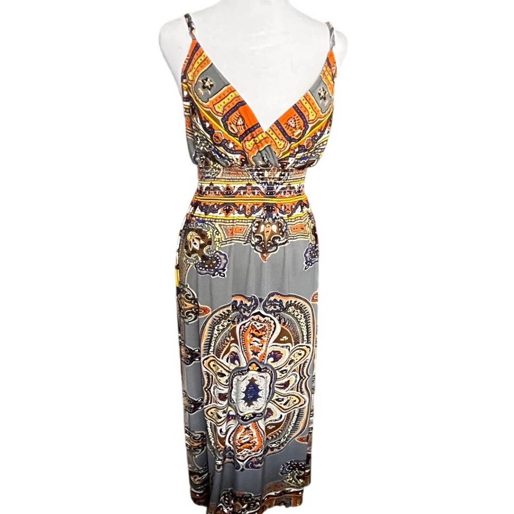 Shes Cool Boho Paisley Maxi Dress Orange Grey Smocked Waist Size L Pristine